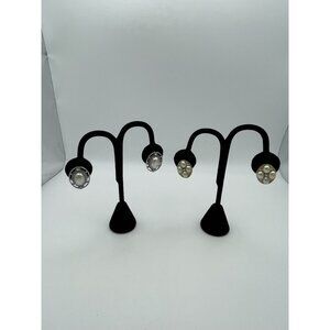 2 Pairs Pierced Earrings Gold Silver Tones Faux Pearls Clear Rhinestones